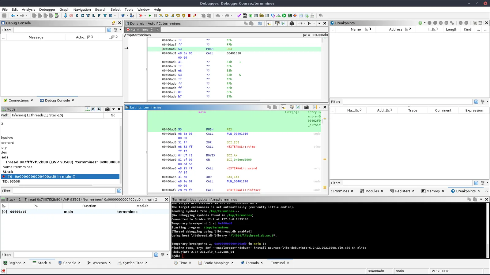 Ghidra Debugger workspace after launch with dynamic Listing, Debug Console, stack, threads, and breakpoints panels