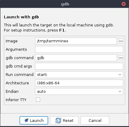 Ghidra Debugger Launch with gdb dialog showing target, arguments, architecture, and launch controls