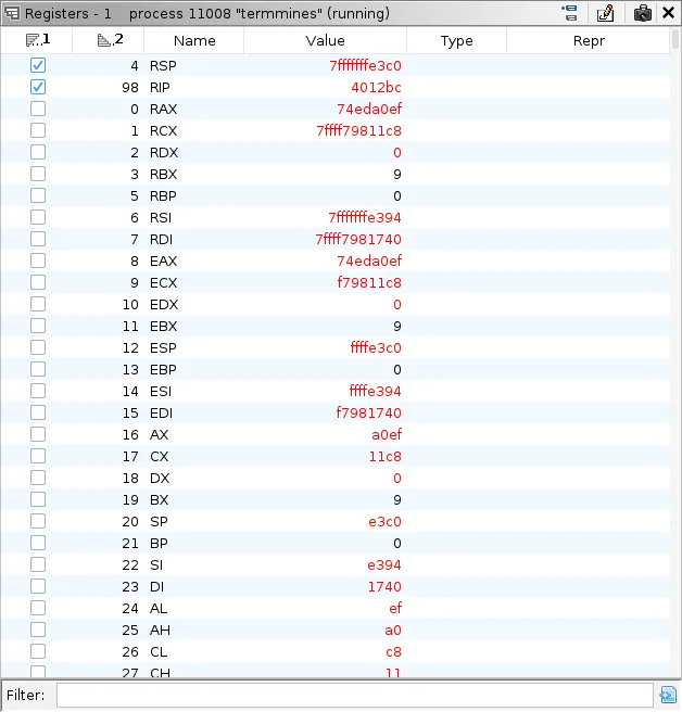 Ghidra Debugger Registers window showing register names, values, types, and representations